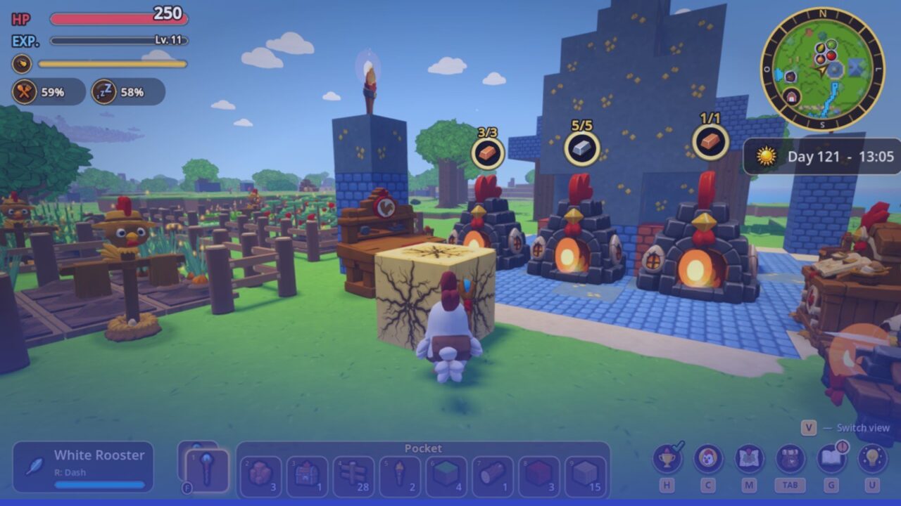 Tuti the white rooster in a sunny voxel village with forges and fields
