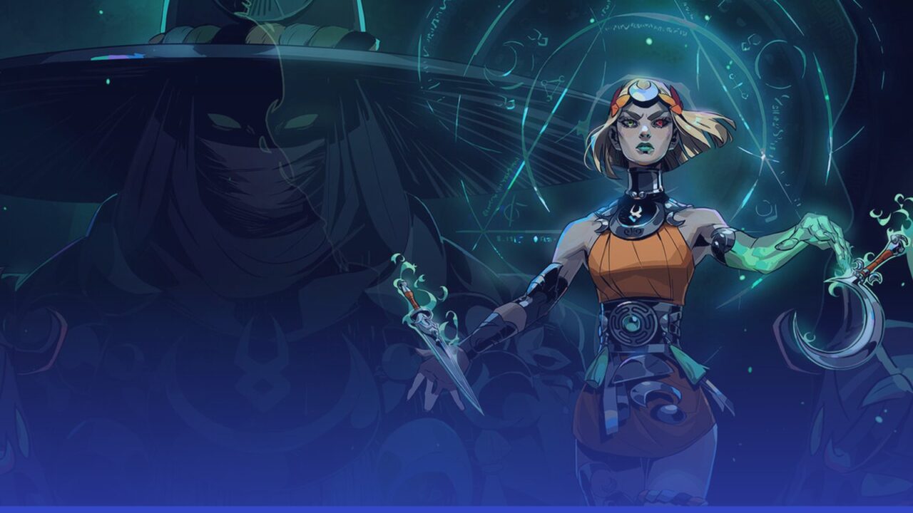 Melinoë, the hero of Hades II, holding her witch's blades in front of a glowing magic circle